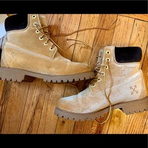 Off-White x Timberland velvet boots in wheat